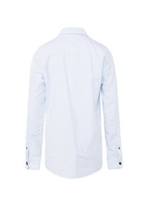 Långärmad ljusblå skjorta med knappstängning och vertikala vita ränder, med en klassisk krage och knappade manschetter. Slätt bomullstyg.