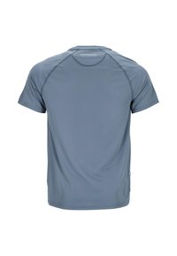 Hellgraues Sport-T-Shirt mit kurzen Ärmeln, Rundhalsausschnitt, glatter Textur und minimalem Branding auf der Rückseite.