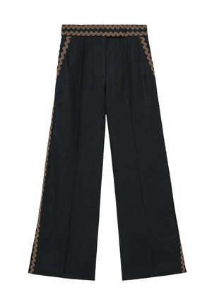 Pantalon noir à jambes larges avec bordure marron ondulée le long de la ceinture et des coutures latérales, doté de plis à l'avant et d'une taille haute.