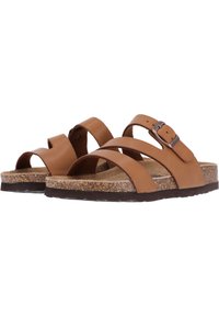 Sandales en cuir marron avec trois sangles, semelle en liège et semelle en caoutchouc noir. Comprend une boucle sur le côté pour un ajustement.