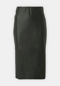 Jupe crayon noire taille haute faite d'un matériau lisse, présentant une coupe ajustée et un design simple sans motifs ou accessoires visibles.