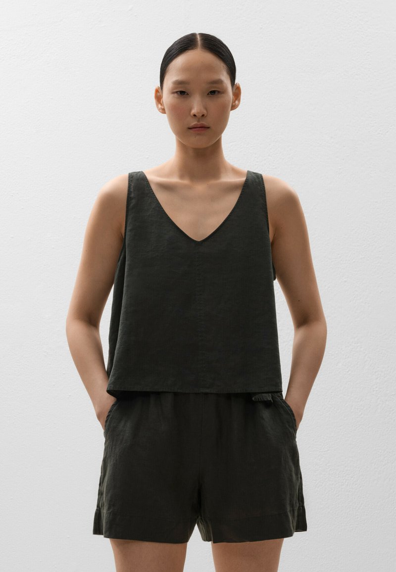 OYSHO - LINEN V-NECK - Blouse - dark grey, Enlarge