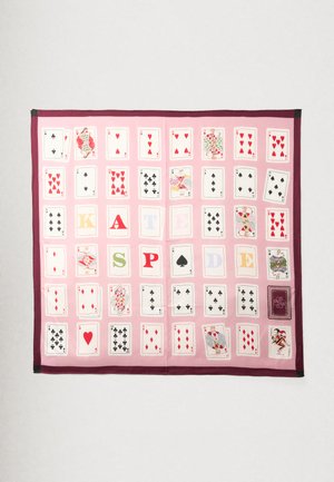 Pink scarf featuring playing cards arranged in rows with "KATE SPADE" spelled out in colored letter cards, bordered in dark purple.