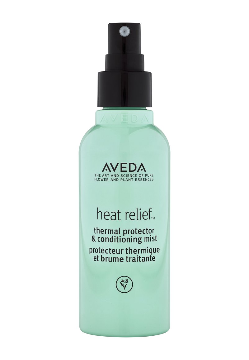 Brume protectrice thermique Aveda Heat Relief dans une bouteille vert clair, avec un spray noir et un texte en gras sur le devant.