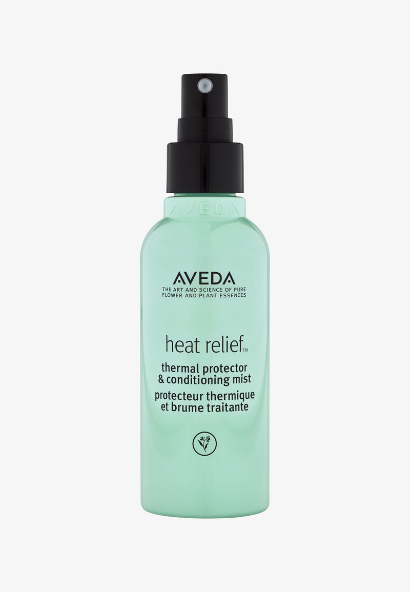 Aveda heat relief thermische protectorspray in een lichte groene fles, met een zwarte sproeikop en vetgedrukte tekst op de voorkant.