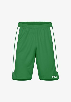 Grüne Sportshorts aus leichtem Material, mit weißen Seitenpaneelen, einem elastischen Bund und dem weißen "JAKO"-Logo unten rechts.