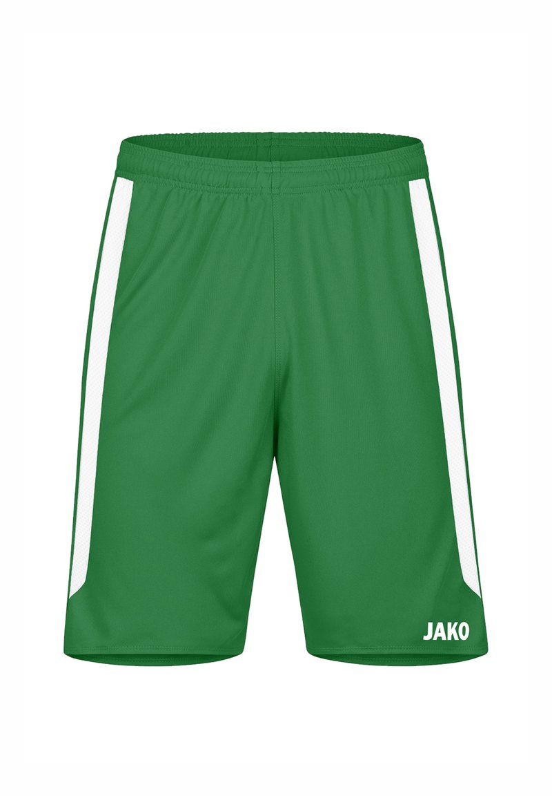 Grüne Sportshorts aus leichtem Material, mit weißen Seitenpaneelen, einem elastischen Bund und dem weißen "JAKO"-Logo unten rechts.
