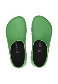 Green slip-on shoes, smooth rubber material, rounded toe design, black insole, size 42, minimalist shape with no additional patterns or accents.