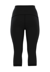 Zwarte capri leggings met een hoge taille, rekbare stof, een gladde textuur en contrasterende stiksels langs de naden, ontworpen voor comfort en een goede pasvorm.