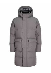Grijze zachte pufferjas met een capuchon, met een quilted ontwerp, voorzakken en een verborgen rits. Zachte textuur en een knielange snit.