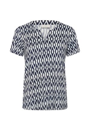 Bluza cu mânecă scurtă, albastru marin și alb, cu model geometric în formă de diamant, decolteu în V și croială normală.