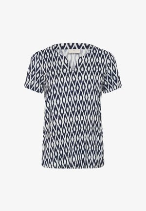 Bluza cu mânecă scurtă, albastru marin și alb, cu model geometric în formă de diamant, decolteu în V și croială normală.