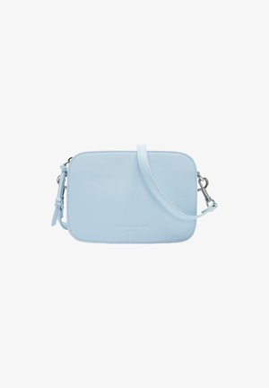 Helles blaues Leder-Crossbody-Bag mit rechteckiger Form, Reißverschlussverschluss und abnehmbarem Schultergurt; verfügt über geprägte Markenkennzeichnung.