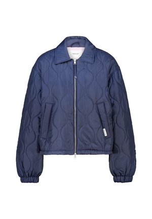 Marineblauw gewatteerd jack met een kraag, ritssluiting aan de voorkant en elastische manchetten. Heeft gebogen stikpatronen en twee zijzakken.