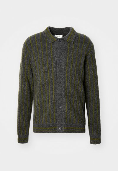 Gray wool cardigan with vertical green stripes, collared neck, front button closure, and textured pattern throughout.