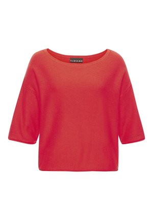 Red short-sleeve knit top with wide neckline and loose fit, featuring a visible ELBSAND brand label at the collar.