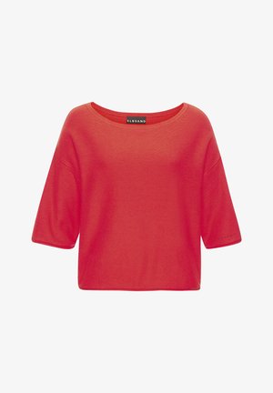 Rood gebreid topje met korte mouwen, brede halslijn en losse pasvorm, met een zichtbaar ELBSAND merkembleem bij de hals.