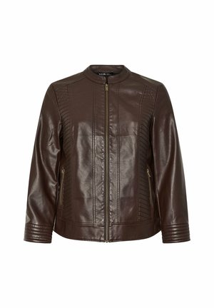 Braune Lederjacke mit Reißverschluss vorne, strukturierten Seitenpaneelen und gerippten Akzenten an den Ärmeln. Verfügt über einen Stehkragen und zwei Seitentaschen.