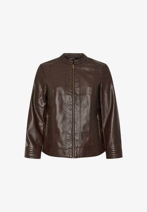 Braune Lederjacke mit Reißverschluss vorne, strukturierten Seitenpaneelen und gerippten Akzenten an den Ärmeln. Verfügt über einen Stehkragen und zwei Seitentaschen.