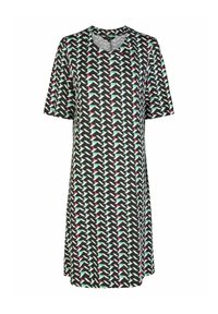 Kurzärmliges Kleid mit V-Ausschnitt, aus weichem Stoff mit einem geometrischen Muster in Schwarz, Weiß, Pink und Grün.