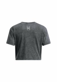 Grijze cropped t-shirt van zachte stof, met een ronde halslijn, korte mouwen en een logo-opdruk op de achterkant.