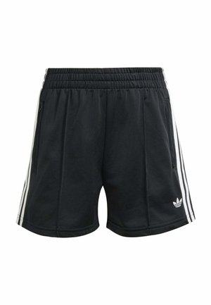 Pantalones cortos deportivos negros con cintura elástica, rayas laterales blancas, bolsillos con cremallera y logotipo de Adidas en la pierna izquierda delantera.
