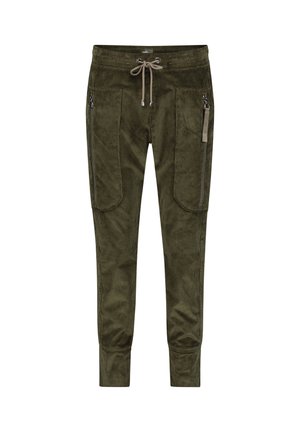 Pantalones jogger de pana verde oliva con cintura ajustable con cordón, dos grandes bolsillos frontales con cremallera y puños en los tobillos.