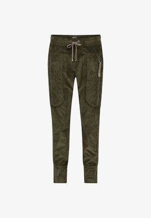 Pantalones jogger de pana verde oliva con cintura ajustable con cordón, dos grandes bolsillos frontales con cremallera y puños en los tobillos.