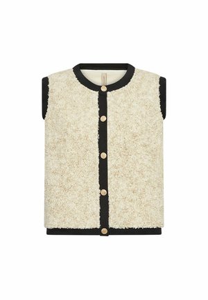 Bezruká krémová sherpa vesta s černým lemováním a pěti zlatými knoflíky vpředu, kulatý výstřih a rovný lem.