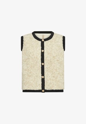 Sleeveless cream sherpa vest with black trim and five gold buttons down the front, round neckline, and straight hem.