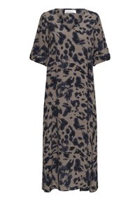 Rochie midi cu mâneci scurte, realizată dintr-un material ușor, cu un fond bej și un model abstract de leopard în nuanțe de albastru închis. Decolteu larg și croială lejeră.