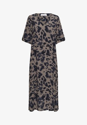 Rochie midi cu mâneci scurte, realizată dintr-un material ușor, cu un fond bej și un model abstract de leopard în nuanțe de albastru închis. Decolteu larg și croială lejeră.