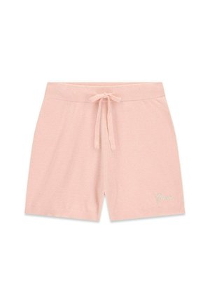 Shorts en tricot rose doux avec une ceinture élastique et un cordon noué, arborant un petit logo brodé sur la jambe inférieure droite.