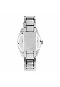 Silver stainless steel watch with a sleek design, featuring a solid case back and a brushed finish on the bracelet links. Edifice branding visible.