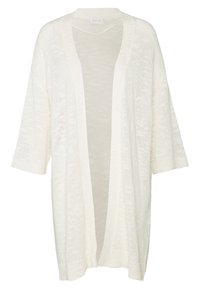Bílý pletený cardigan s otevřeným předním dílem a tříčtvrtečními rukávy, volného střihu, vyrobený z lehkého materiálu.