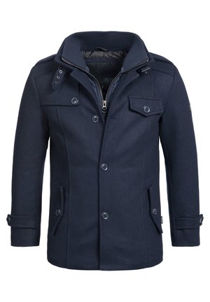 Navy wool blend coat with a high collar, double-breasted buttons, side pockets, and buttoned cuffs; features a zippered front and stitch detailing.
