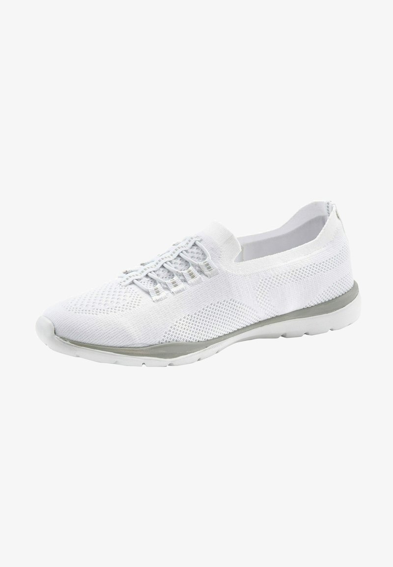 White lightweight sneakers made of breathable mesh fabric, featuring a flexible sole and minimalistic design with intricate detailing on the upper.