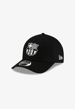 Black baseball cap with a structured design, featuring a white FC Barcelona logo on the front, mesh texture, and curved visor.