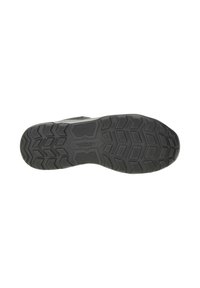 Schwarze Gummisohle mit einem strukturierten Griffmuster, das hexagonale und lineare Designs für Traktion und Stabilität aufweist. Leichtgewichtige Konstruktion.