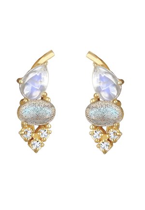 Gold earrings with pear-shaped translucent stones, oval metallic beads, and three small clear crystals arranged below each bead.