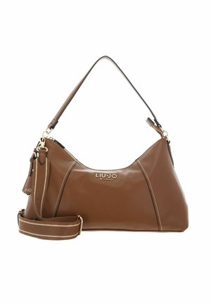 Borsa a tracolla in pelle marrone Liu Jo Milano con logo dorato, chiusura con zip, tracolla in tessuto a righe removibile e manico corto in pelle.