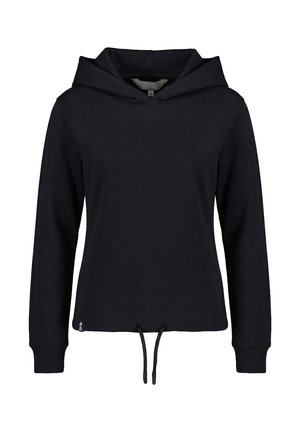 Zwarte hoodie met lange mouwen, voorzien van een trekkoord aan de zoom en geribbelde boorden, getoond op een witte achtergrond.