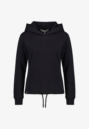 Zwarte hoodie met lange mouwen, voorzien van een trekkoord aan de zoom en geribbelde boorden, getoond op een witte achtergrond.