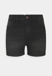 Pantalones cortos de mezclilla negra de cintura alta, con diseño de cinco bolsillos, lazos para cinturón y cierre de botón. Textura suave con un ligero desvanecimiento.