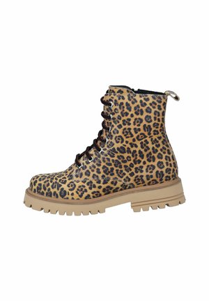 Lace-up ankle boot with thick beige sole and brown and black leopard print pattern on upper.