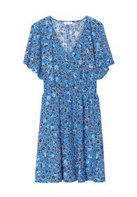 Bloemenjurk in blauw met korte fladdermouwen, v-hals en een elastische taille. Voorzien van een kleurrijk bloemenpatroon over de hele jurk.