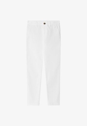 Pantalones chinos blancos de algodón con diseño de pierna recta, que cuentan con cierre frontal de botón, dos bolsillos laterales y un acabado de textura suave.