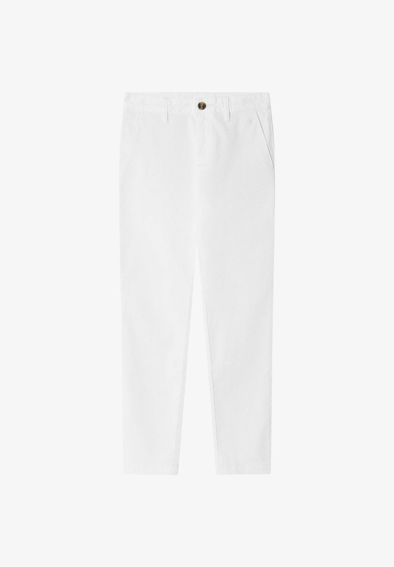Chinos en coton blanc avec une coupe droite, dotés d'une fermeture à boutons à l'avant, de deux poches latérales et d'une finition à texture lisse.