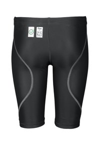 Black competitive swim jammers with gray stitching and FINA approval stickers on the back waistband.