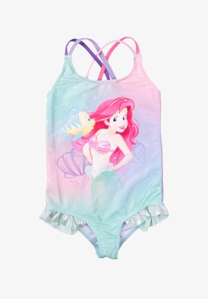 Schwimmanzug mit pinkem und lila Farbverlauf, der eine Meerjungfrau-Illustration zeigt, mit rüschigen silbernen Akzenten und überkreuzten Trägern. Hergestellt aus einem weichen Stoff.